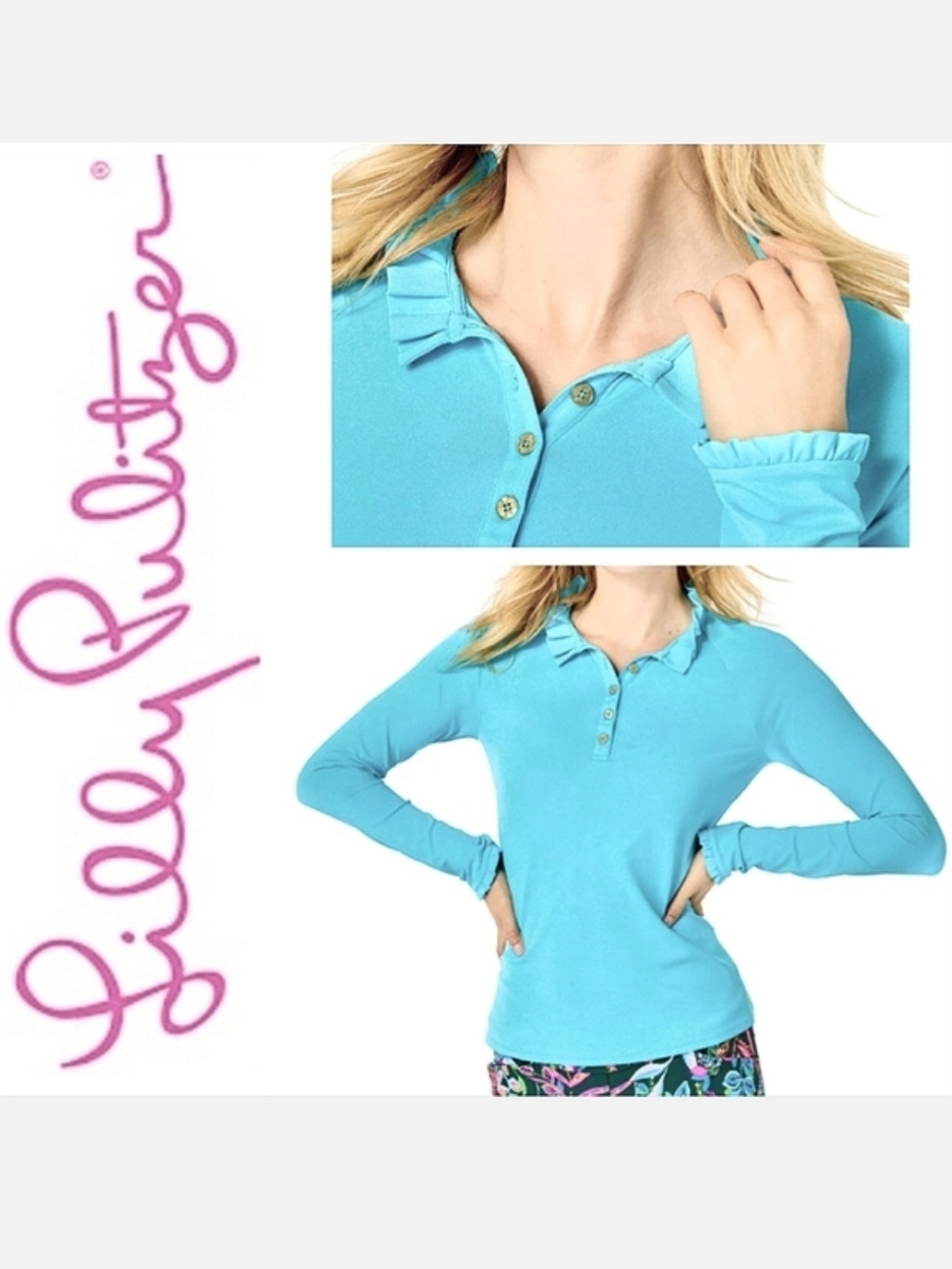 LILLY PULITZER Hutton Long Sleeve Polo Top UPF 50 Bali Blue XXS-S NWT